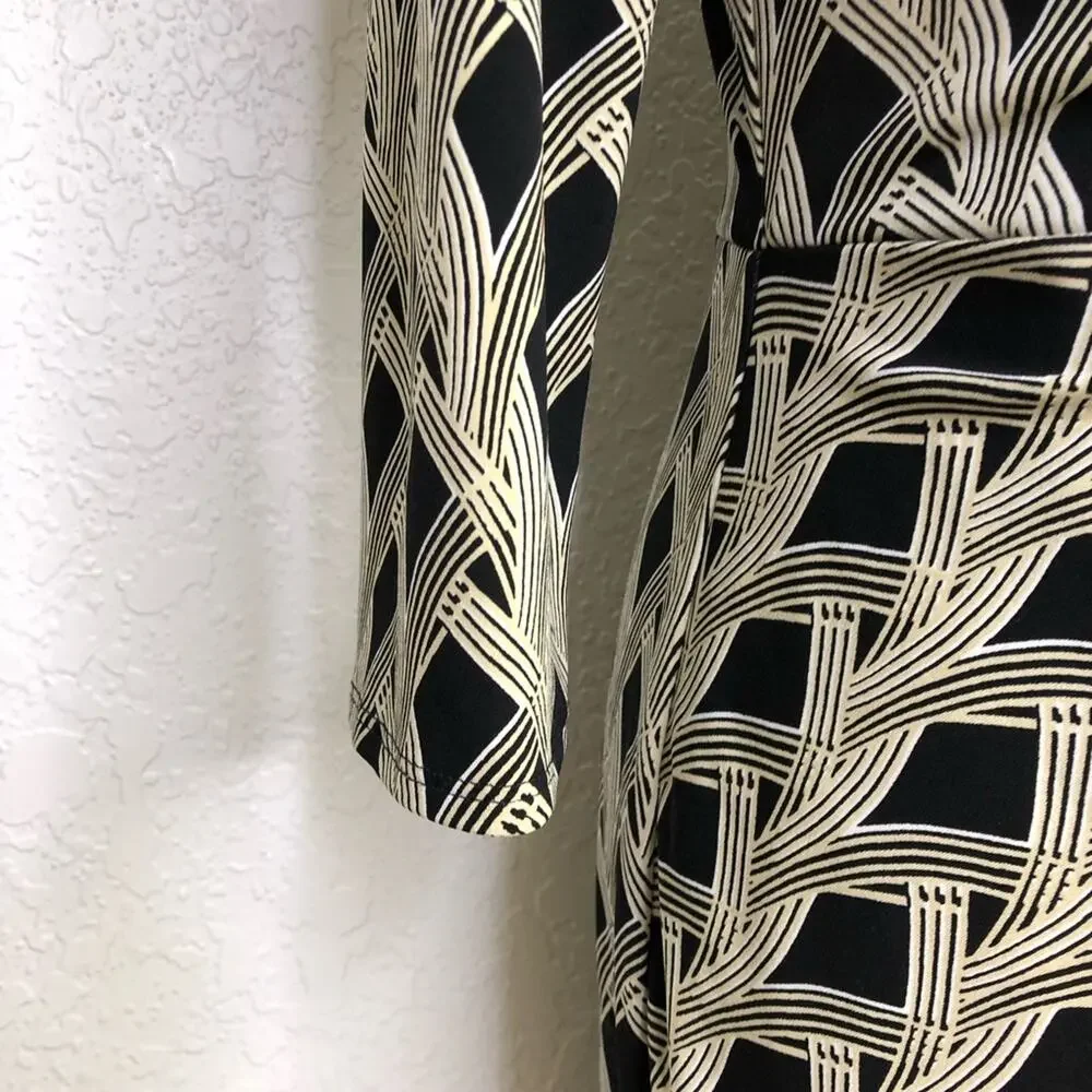 WHBM cream black art deco geometric faux wrap midi dress size 6